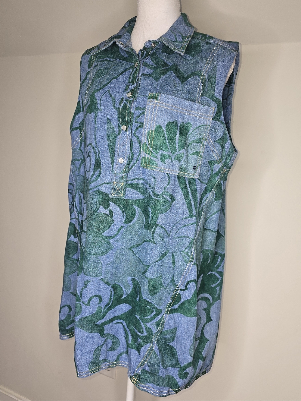 Anthropologie Pilcro Denim Shift Dress Green Floral Sleeveless Button Front Size - Picture 5 of 13